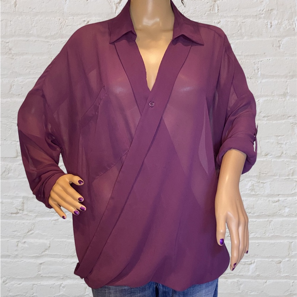 Kut From the Kloth Kendall Cross-Front Tab Sheer Blouse Purple Size Large VGC